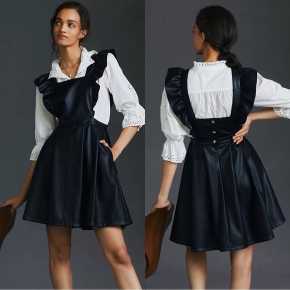 Anthropologie Maeve Faux Leather Apron Mini Dress with Floral Buttons - Picture 1 of 5